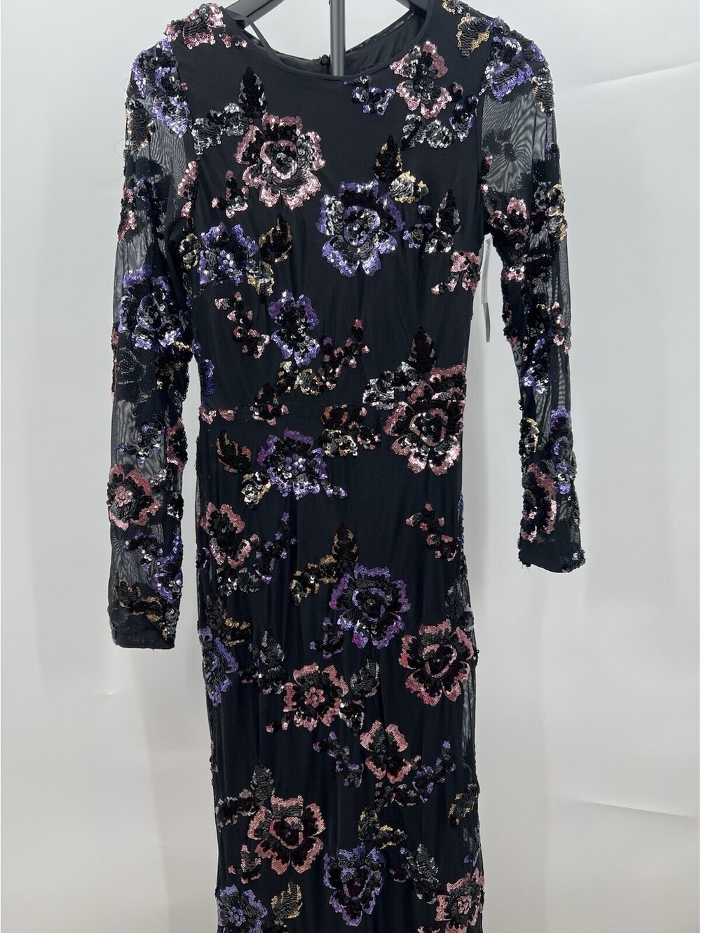 Betsy & Adam Black Sequin Floral Mesh Maxi Dress Long Sleeve Party Holiday 6